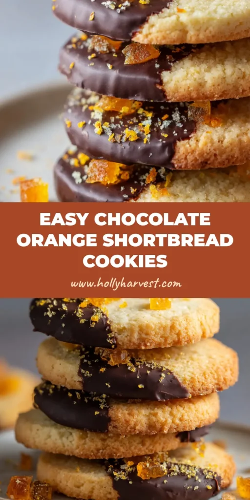 Decadent Dark Chocolate Orange Shortbread Cookies 4 A stack of buttery round baked Dark Chocolate Orange Shortbread Cookies, each half-dipped in thick glossy dark chocolate and topped with fresh grated orange zest and candied orange peel cubes, sitting on a matte white ceramic plate with scattered crumbs.