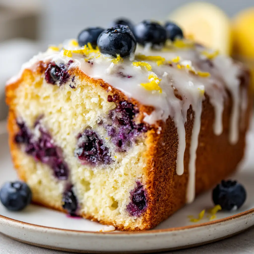 A slice of Lemon Blueberry Pound Cake showing an opaque white glaze topped with tiny curled flecks of bright yellow fresh lemon zest and whole plump raw blueberries.