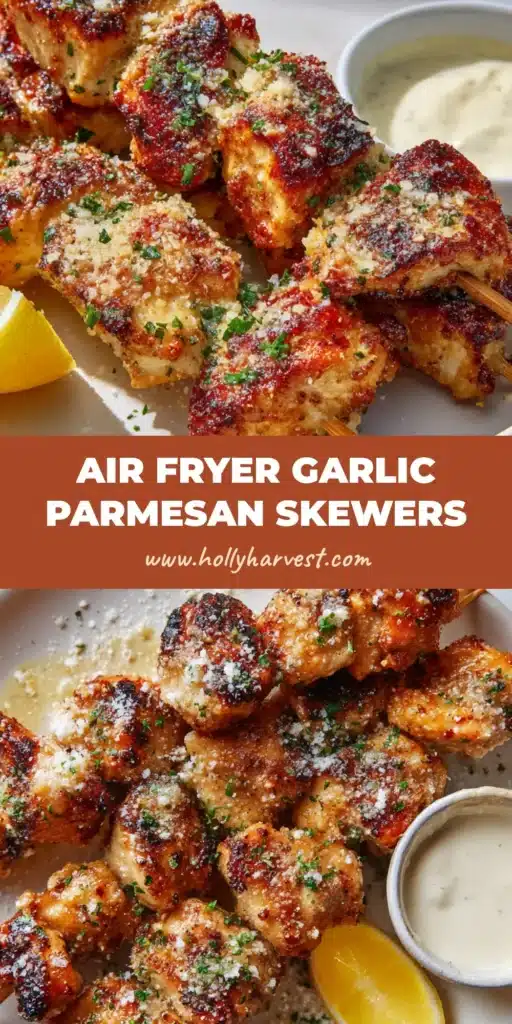 Air Fryer Garlic Parmesan Chicken Skewers: Crispy & Buttery 4 Close-up of crispy, golden-brown Air Fryer Garlic Parmesan Chicken Skewers on a white ceramic plate with a creamy dipping sauce and lemon wedge.