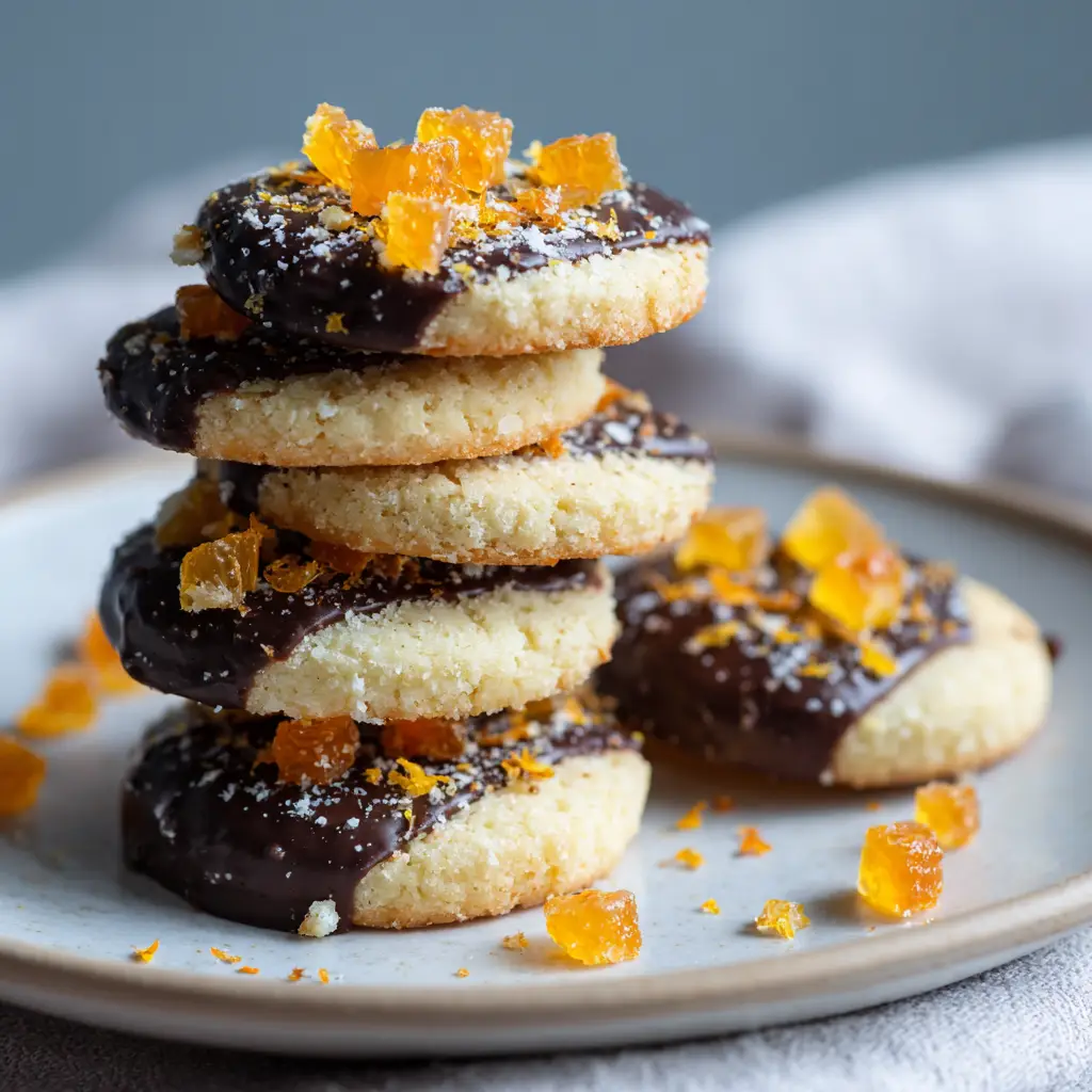 Decadent Dark Chocolate Orange Shortbread Cookies 2 Close up of buttery round baked shortbread cookies, half dipped in thick glossy dark chocolate, sprinkled with finely grated bright orange zest and small candied orange peel cubes.