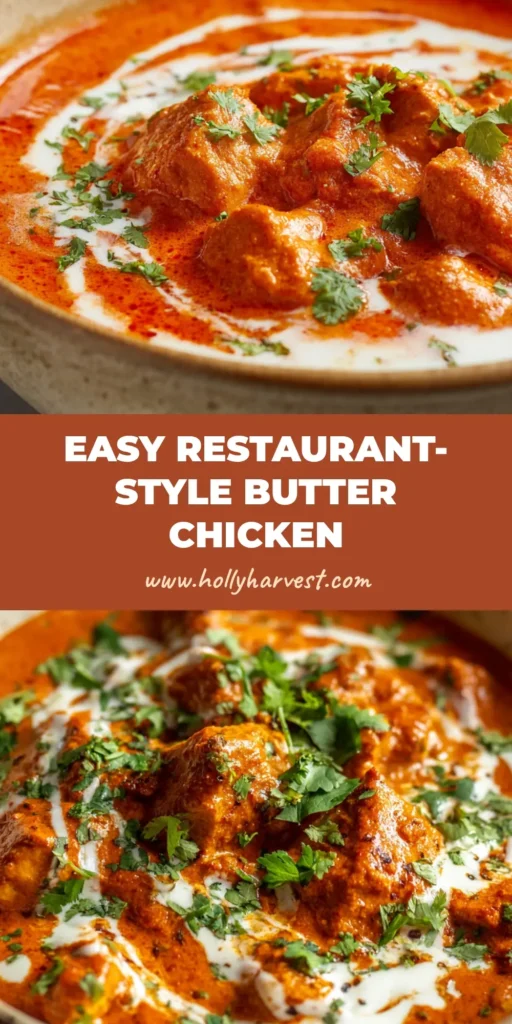A close-up shot of a bowl of creamy Indian butter chicken, featuring tender chunks of simmered chicken submerged in a thick, bright orange-red velvety tomato-cream sauce.