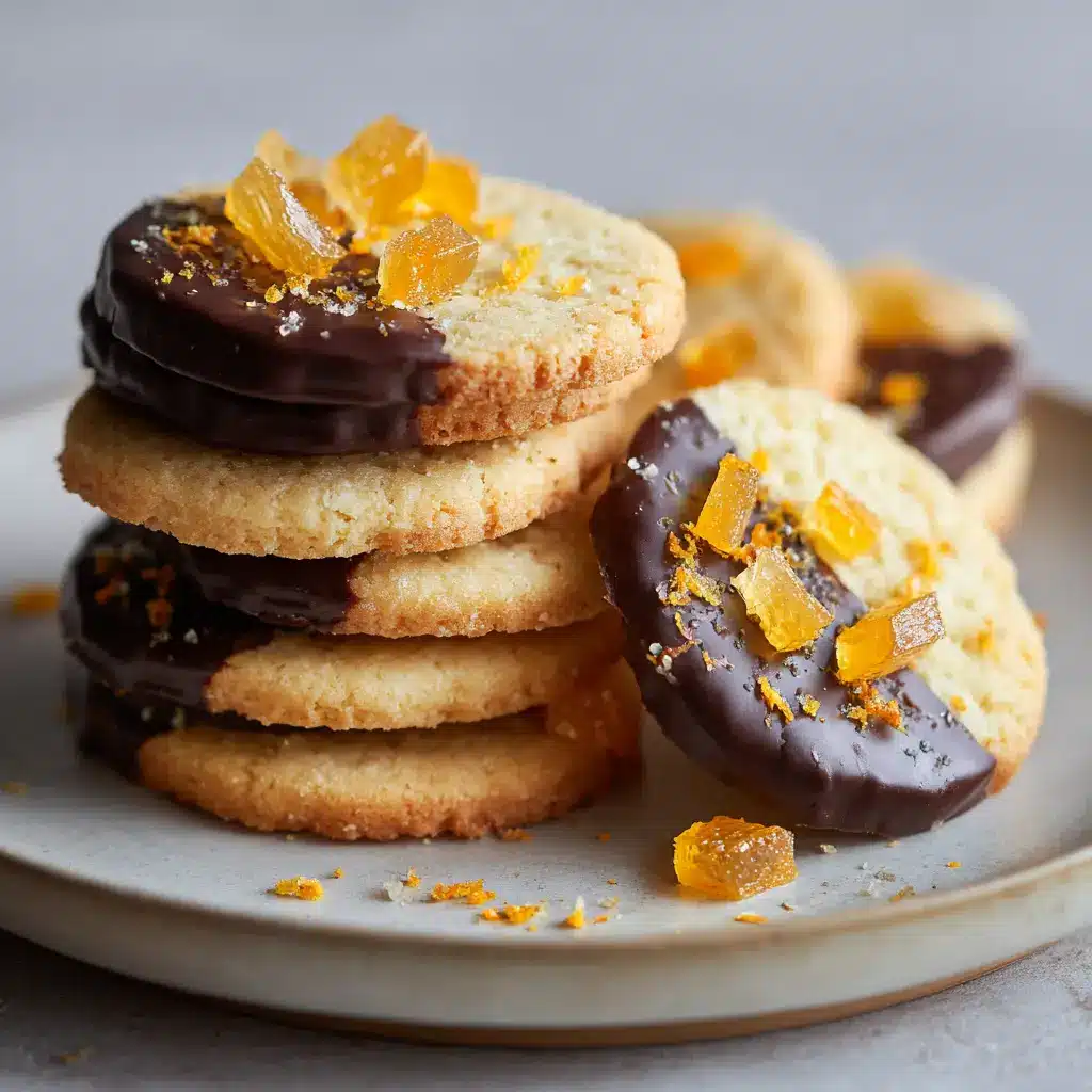 Decadent Dark Chocolate Orange Shortbread Cookies 1 Handheld smartphone photo of beautifully styled Dark Chocolate Orange Shortbread cookies on a matte white ceramic plate with scattered crumbs under soft natural daylight.