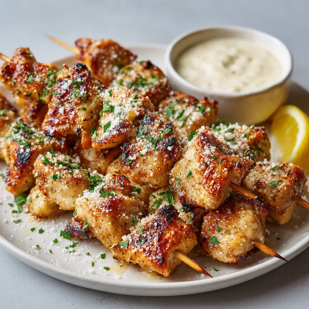 Air Fryer Garlic Parmesan Chicken Skewers: Crispy & Buttery 2 Bite-sized chicken breast chunks threaded on wooden skewers, heavily coated in melted butter, grated parmesan, and green parsley flakes.