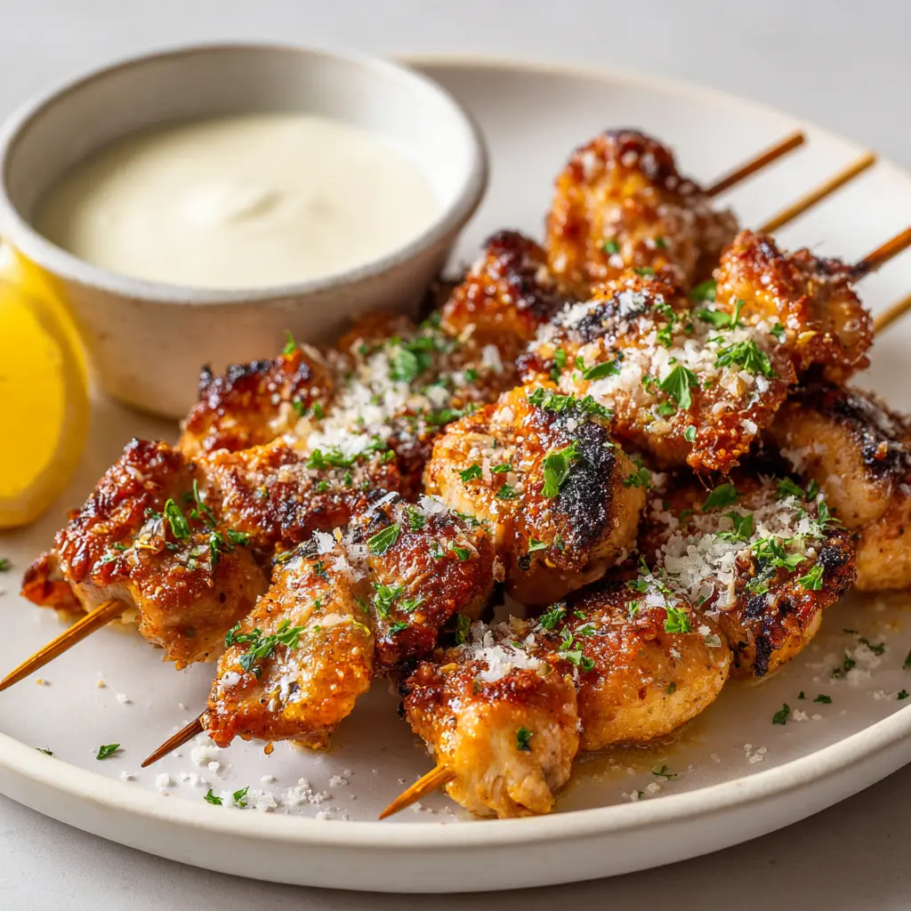 Air Fryer Garlic Parmesan Chicken Skewers: Crispy & Buttery 1 Overhead view of Air Fryer Garlic Parmesan Chicken Skewers resting next to a small ramekin of creamy white dip.
