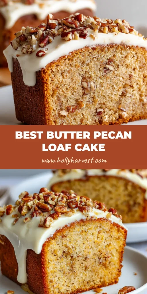 The Ultimate Butter Pecan Loaf Cake 4 A decadent Butter Pecan Loaf Cake sliced on a plate, featuring a thick glossy cream cheese frosting and crushed roasted pecans.