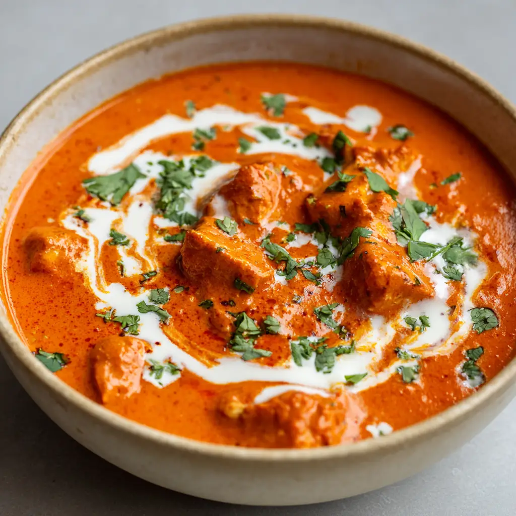 Close-up of thick, bright orange-red velvety tomato-cream sauce coating simmered chicken chunks.