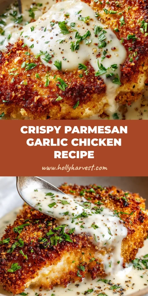 A close-up of a thick golden brown Parmesan Crusted Chicken breast resting in velvety off-white creamy garlic sauce, garnished with parsley.