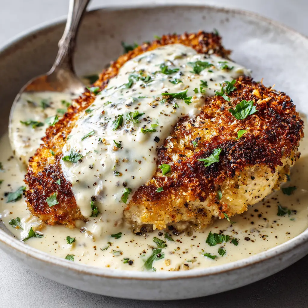 A generous spoonful of glossy off-white garlic cream sauce draped over a thick golden brown Parmesan Crusted Chicken breast.