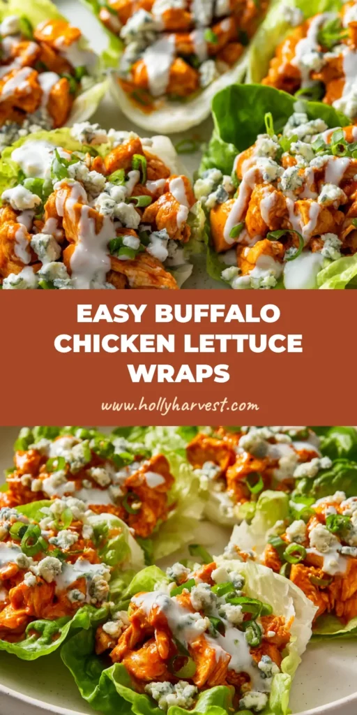 Buffalo Chicken Lettuce Wraps: A Spicy, Low-Carb Sensation 4 A crisp butter lettuce cup acting as a base foundation, filled generously with diced cooked chicken thoroughly coated in a bright orange-red glossy buffalo sauce. Drizzled with creamy ranch and topped with green onions and blue cheese.