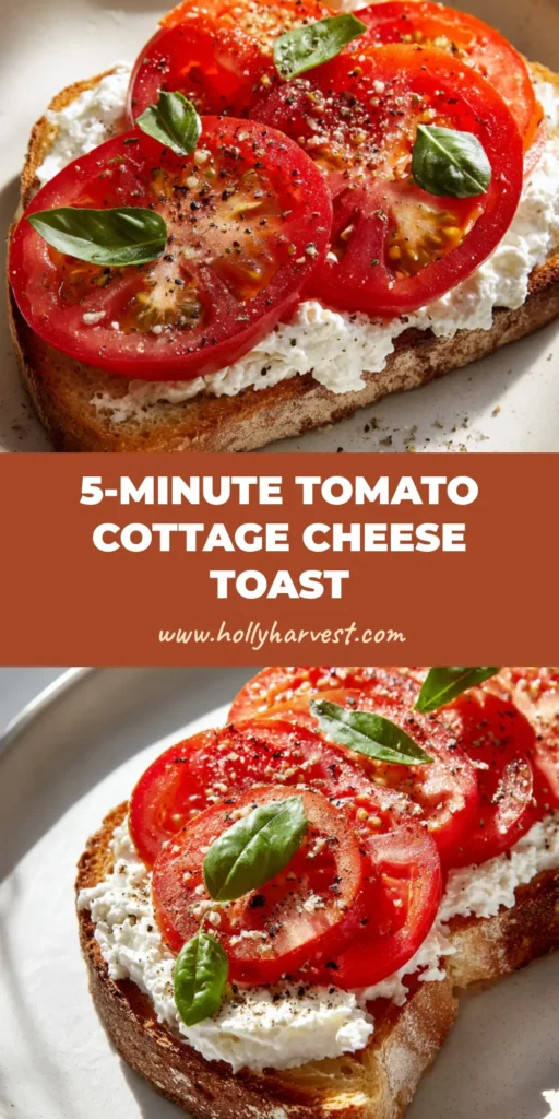 A beautiful Cottage Cheese Toast on a white plate, topped with fresh red tomatoes, basil, and flaky sea salt.