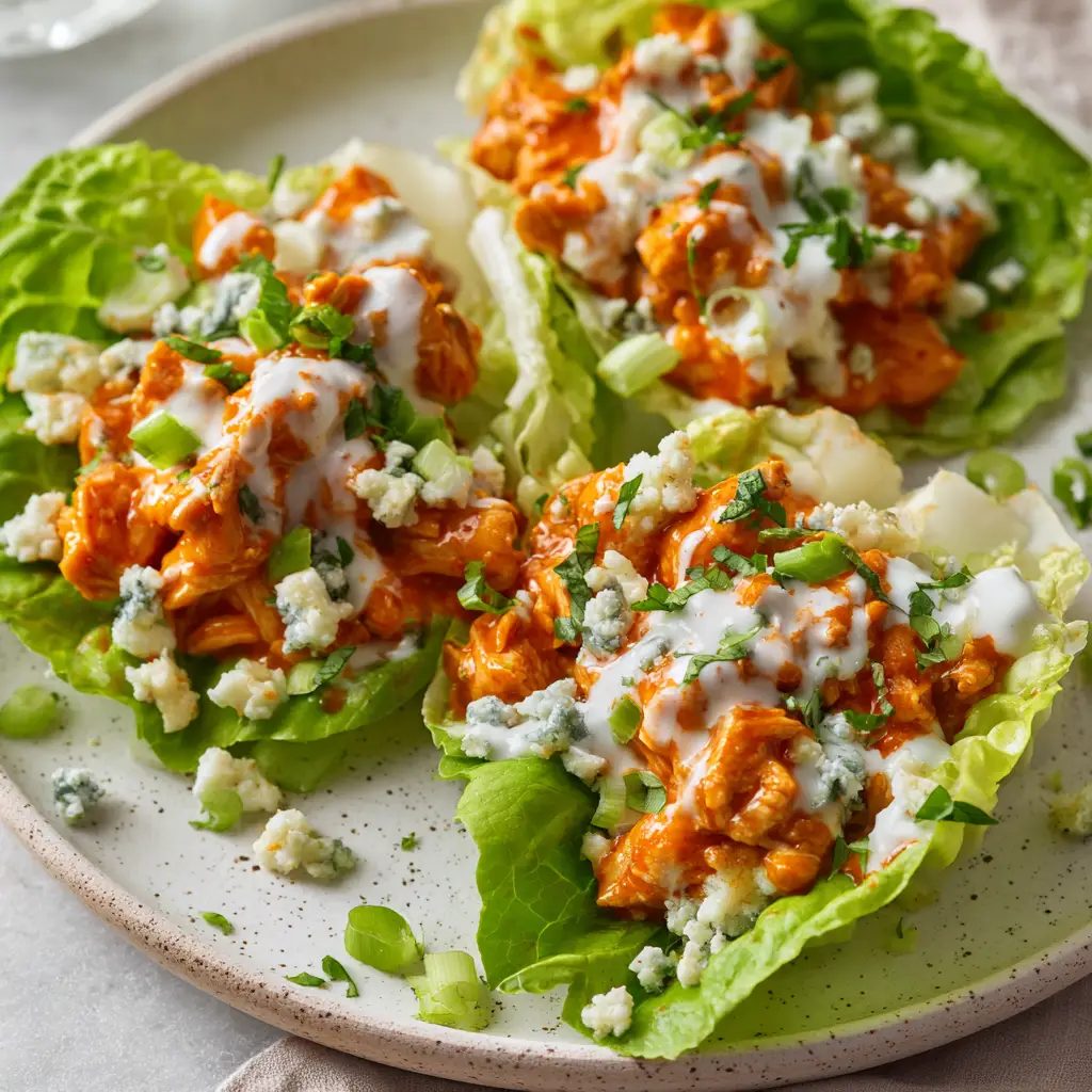 Buffalo Chicken Lettuce Wraps: A Spicy, Low-Carb Sensation 2 Close-up of diced cooked chicken coated in a bright orange-red glossy buffalo sauce, resting inside a crisp butter lettuce cup on a white plate. (Buffalo Chicken Lettuce Wraps)