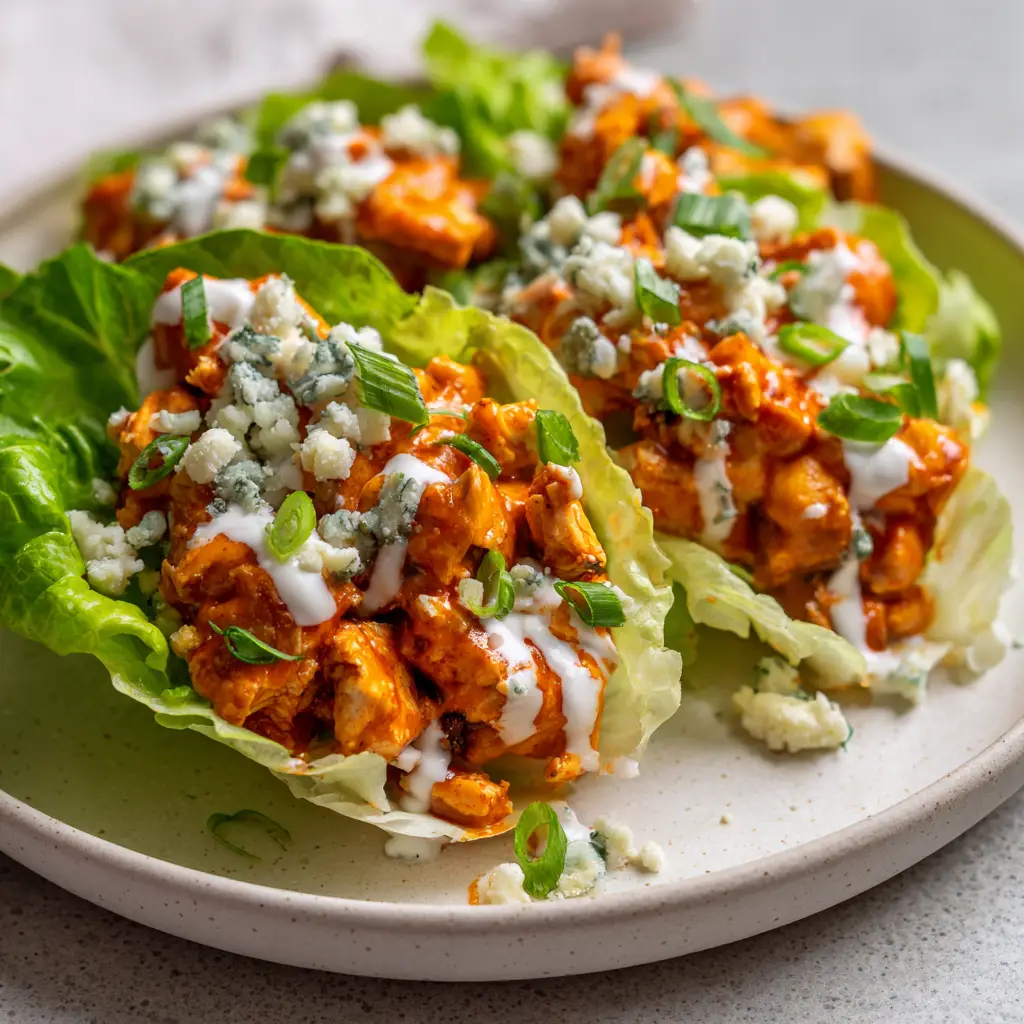 Buffalo Chicken Lettuce Wraps: A Spicy, Low-Carb Sensation 1 Buffalo chicken filling drizzled with thick, creamy white ranch dressing and generously garnished with finely chopped green onions and crumbled blue cheese.