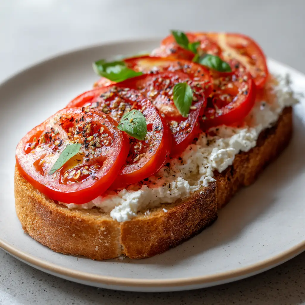 Macro shot of a savory breakfast toast showing coarse black pepper, flaky sea salt, and fresh green basil on tomatoes.