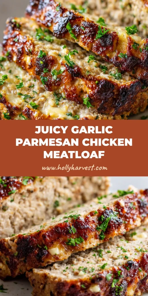 Thick slices of Garlic Parmesan Chicken Meatloaf with a crispy golden-brown cheese crust and melted garlic butter glaze on a white platter.