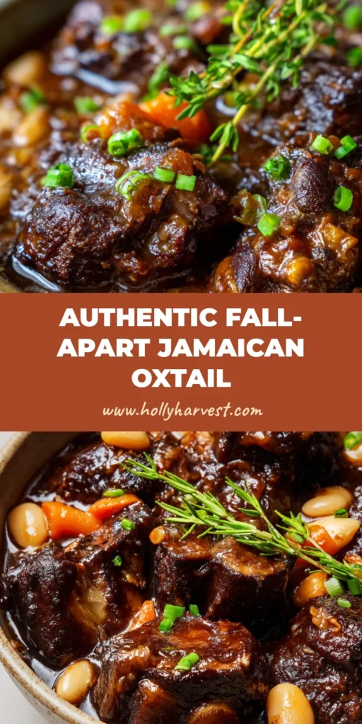 A rustic ceramic bowl featuring a hearty Jamaican Oxtail Recipe, showcasing tender slow-braised meat, butter beans, and carrots in a rich gravy.