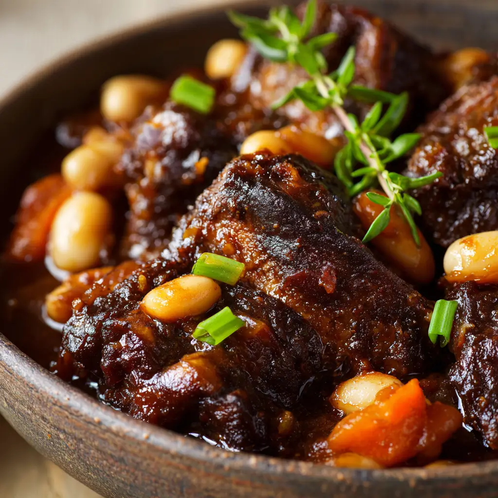 A rustic ceramic bowl serving the ultimate Jamaican Oxtail Recipe, garnished with fresh thyme and green scallions.