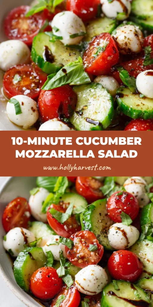 A close up view of a fresh Cucumber Mozzarella Salad in a white ceramic bowl featuring thick cucumber slices, halved cherry tomatoes, and small mozzarella balls coated in olive oil and balsamic glaze.
