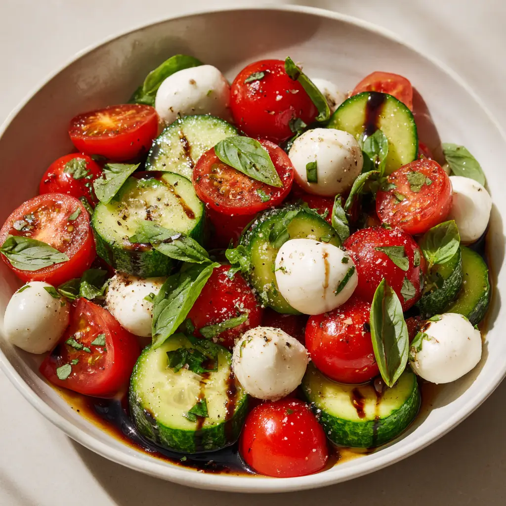 Droplets of dark balsamic glaze, coarse black pepper, and flaky sea salt over a fresh tomato and cucumber mozzarella salad.