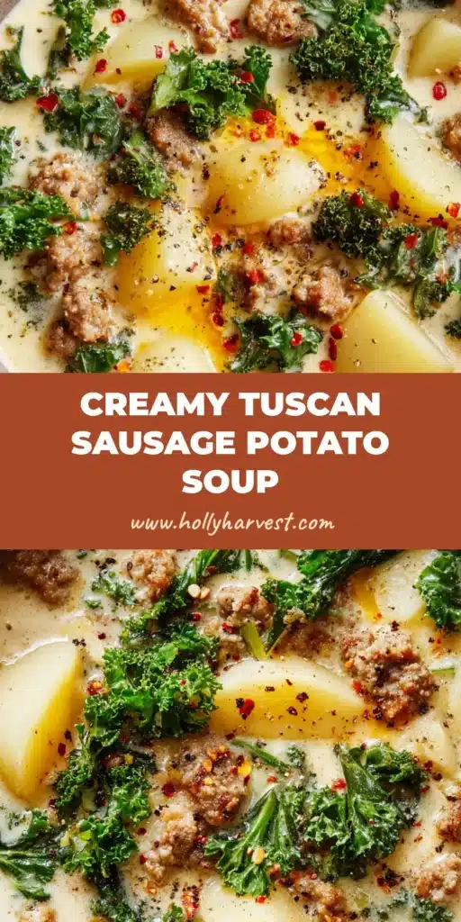 Tuscan Sausage and Potato Soup: The Ultimate Creamy Comfort Bowl 4 A rustic matte ceramic bowl filled with creamy Tuscan Sausage and Potato Soup, featuring an opaque milky off-white broth, crumbled browned Italian sausage, semi-translucent yellow potatoes, and wilted curly kale.