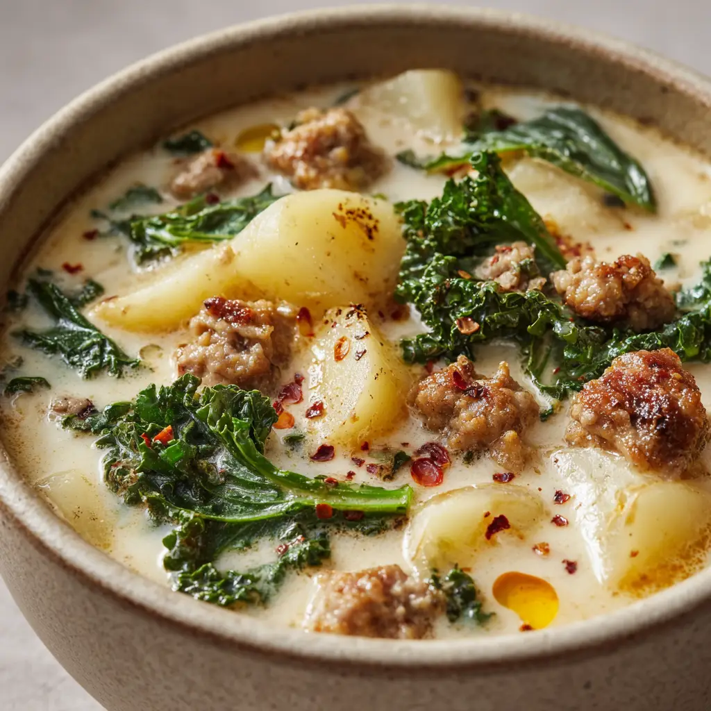 Tuscan Sausage and Potato Soup: The Ultimate Creamy Comfort Bowl 2 Close up shot of creamy Tuscan Sausage and Potato Soup showing the thick opaque milky broth and shimmering orange oil droplets near the sausage crumbles.