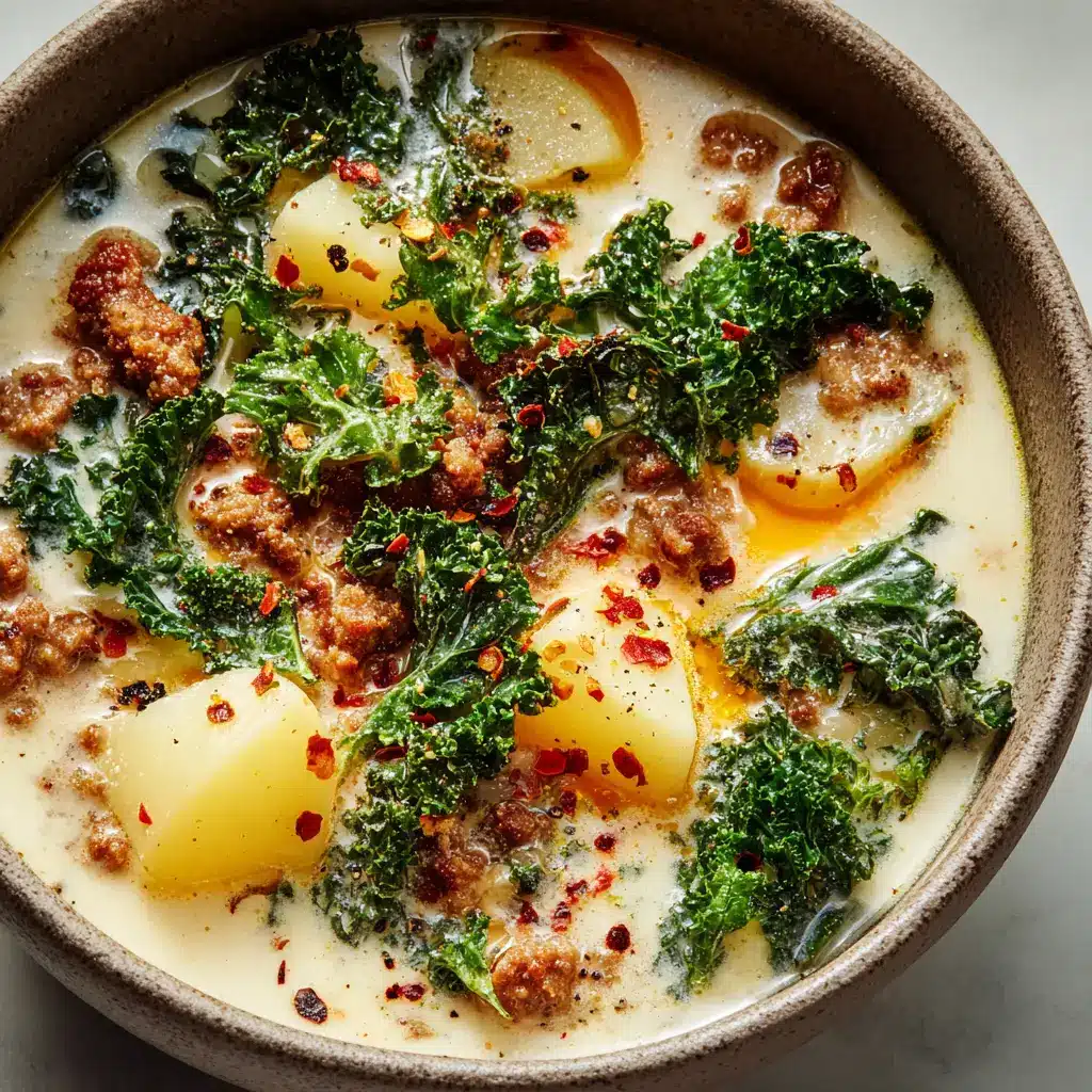 Tuscan Sausage and Potato Soup: The Ultimate Creamy Comfort Bowl 1 Tuscan Sausage and Potato Soup featuring tender thick-cut sliced yellow potatoes and bright green wilted ribbons of curly kale.