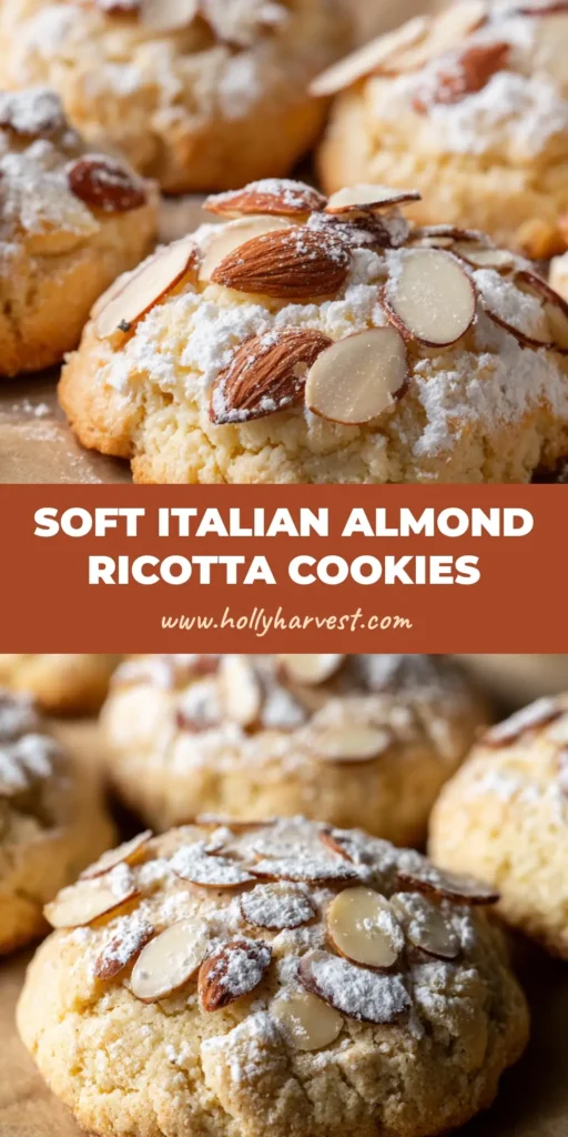 Irresistible Italian Almond Ricotta Cookies 4 Close-up of soft Italian Almond Ricotta Cookies with lightly toasted sliced almonds and a heavy dusting of white powdered sugar on brown parchment paper.