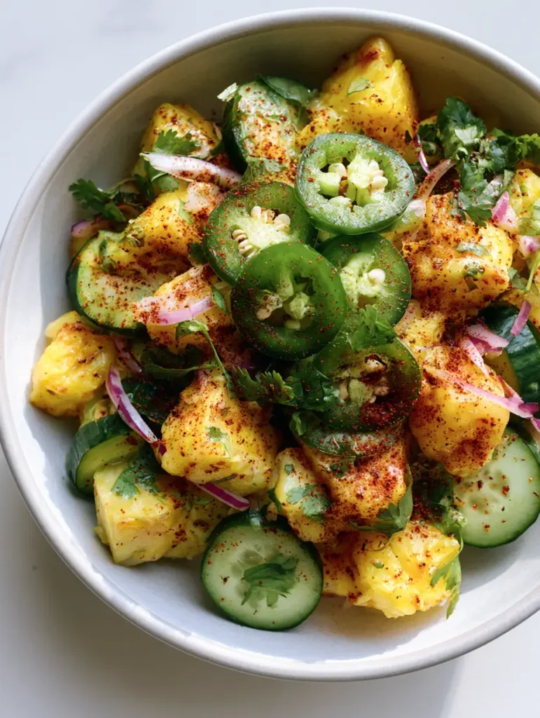 Spicy Pineapple Cucumber Salad: The Ultimate Refreshing Summer Side 2 A close-up of Spicy Pineapple Cucumber Salad with visible jalapeño seeds and fresh cilantro leaves in soft daylight.