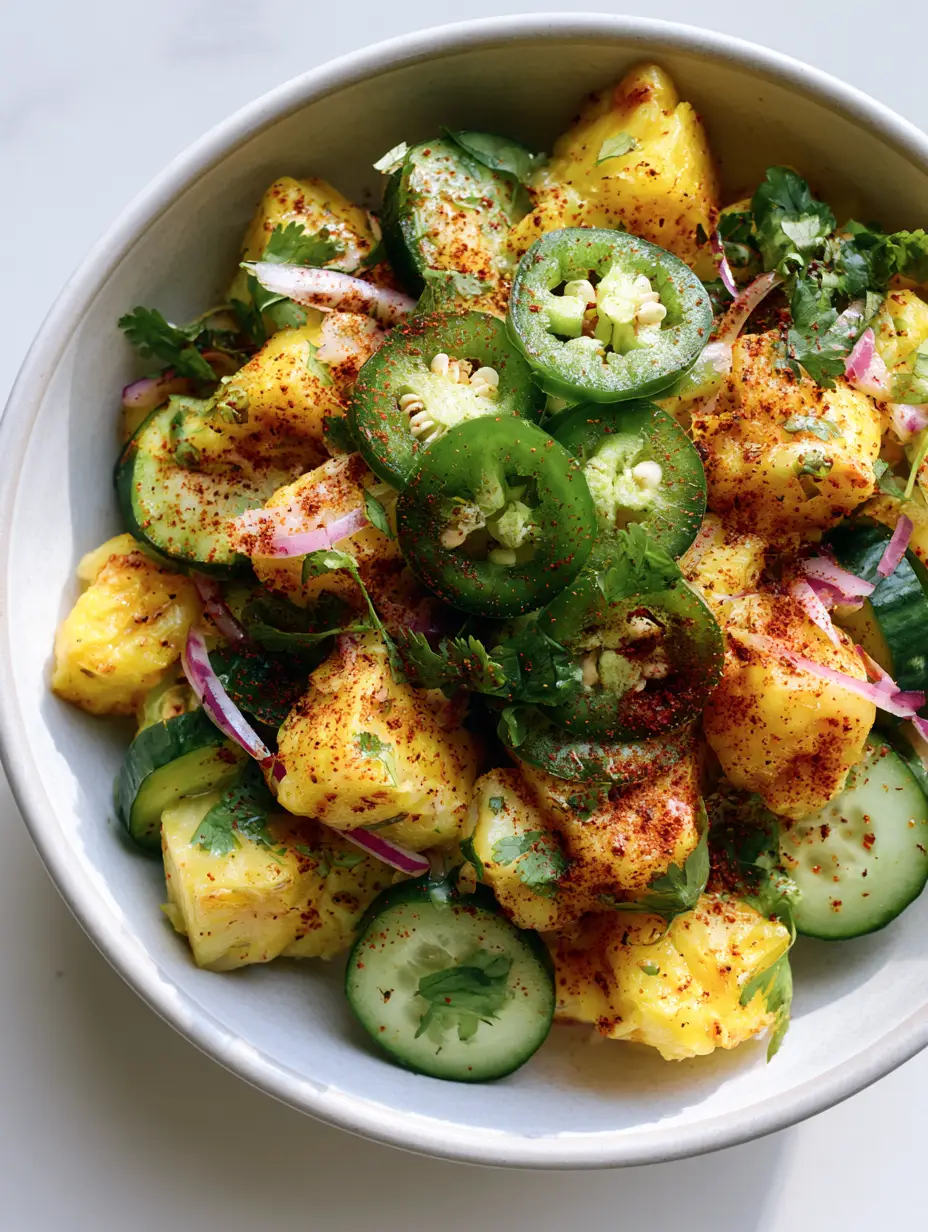 Spicy Pineapple Cucumber Salad: The Ultimate Refreshing Summer Side 4 A close-up of Spicy Pineapple Cucumber Salad with visible jalapeño seeds and fresh cilantro leaves in soft daylight.