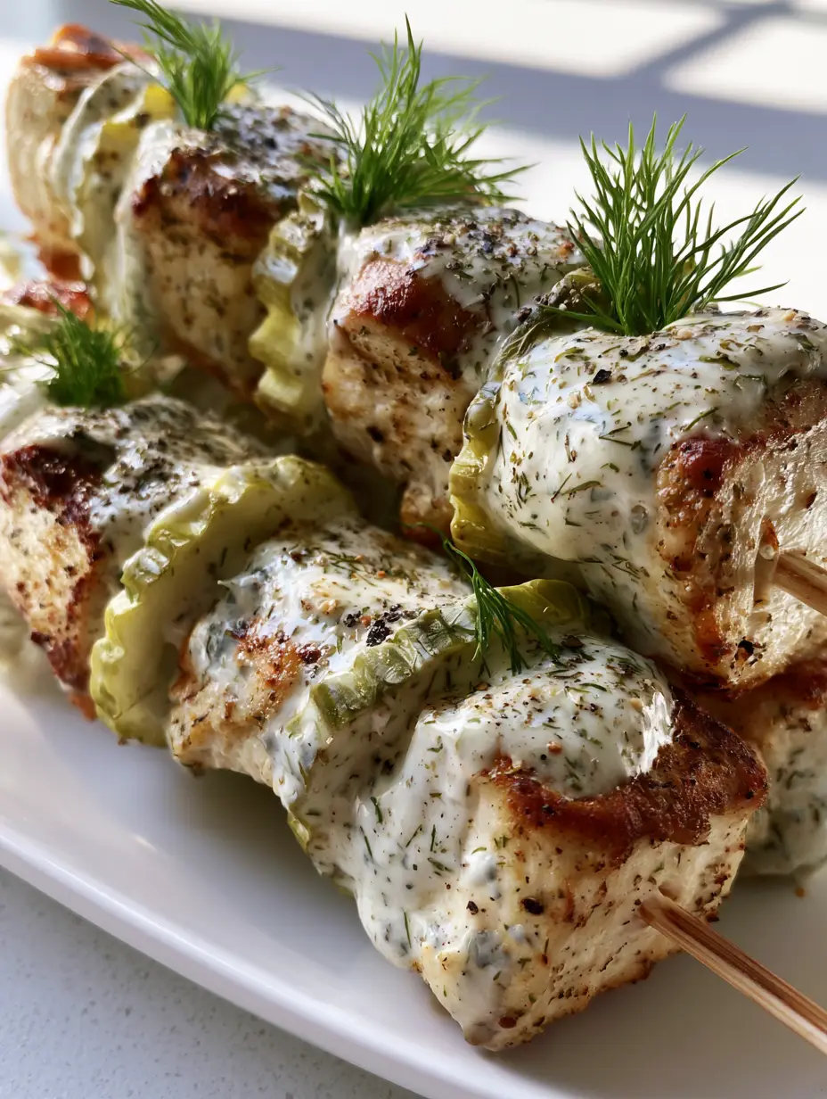 Dill Pickle Chicken Skewers with Creamy Ranch and Fresh Herbs 3 Handheld smartphone photo of Dill Pickle Chicken Skewers on a white plate with visible seared edges and fresh dill garnish.