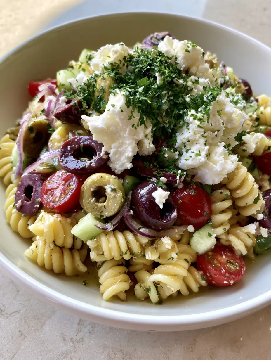Greek Olive Pasta Salad with a Zesty Translucent Herb Vinaigrette 3 Top down view of a shallow white bowl filled with al dente rotini, purple kalamata olives, and bright red tomatoes. (Greek Olive Pasta Salad)