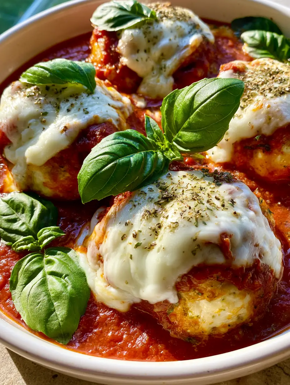 Baked Chicken Ricotta Meatballs with Melted Mozzarella and Fresh Basil 4 Close-up high-angle shot of Baked Chicken Ricotta Meatballs with bubbly melted mozzarella and fresh basil garnish.