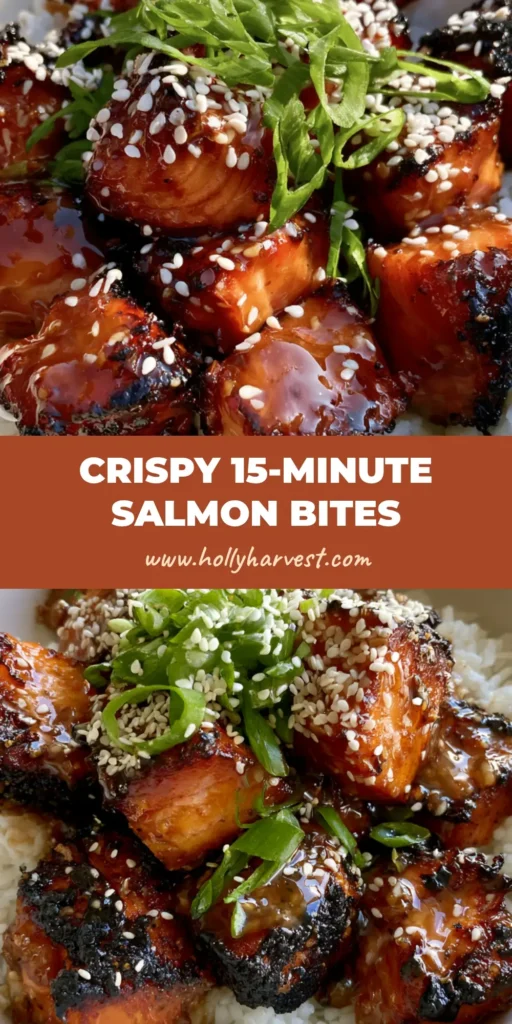 A close-up view of seared Honey Garlic Salmon Bites with charred edges and a glossy amber glaze served over white jasmine rice with green onions.