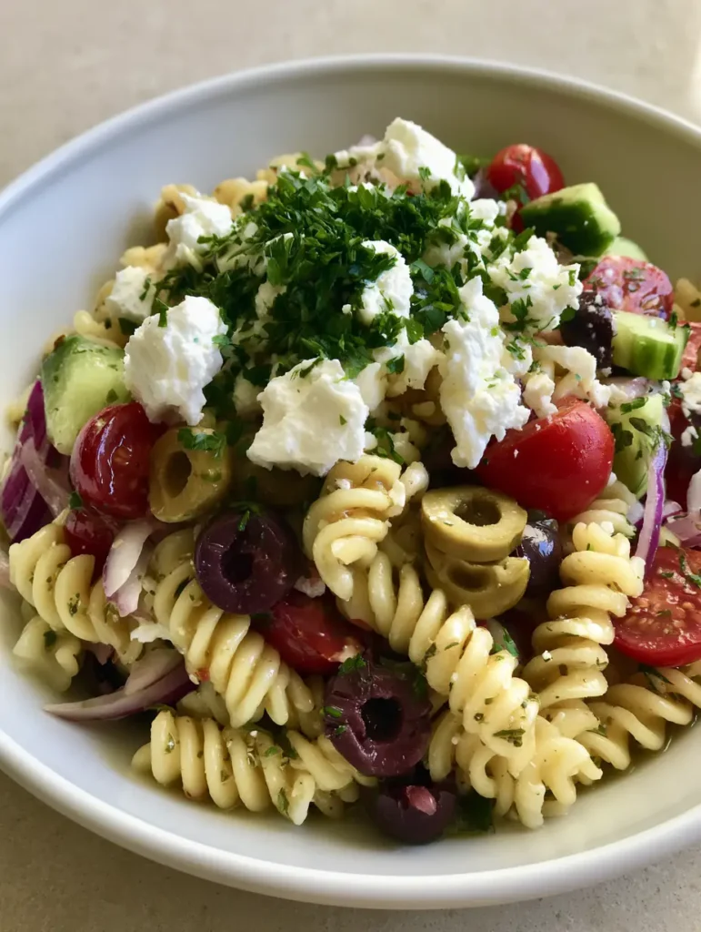 Greek Olive Pasta Salad with a Zesty Translucent Herb Vinaigrette 1 Close up shot of Greek Olive Pasta Salad showing the translucent herb-flecked vinaigrette on rotini pasta spirals.