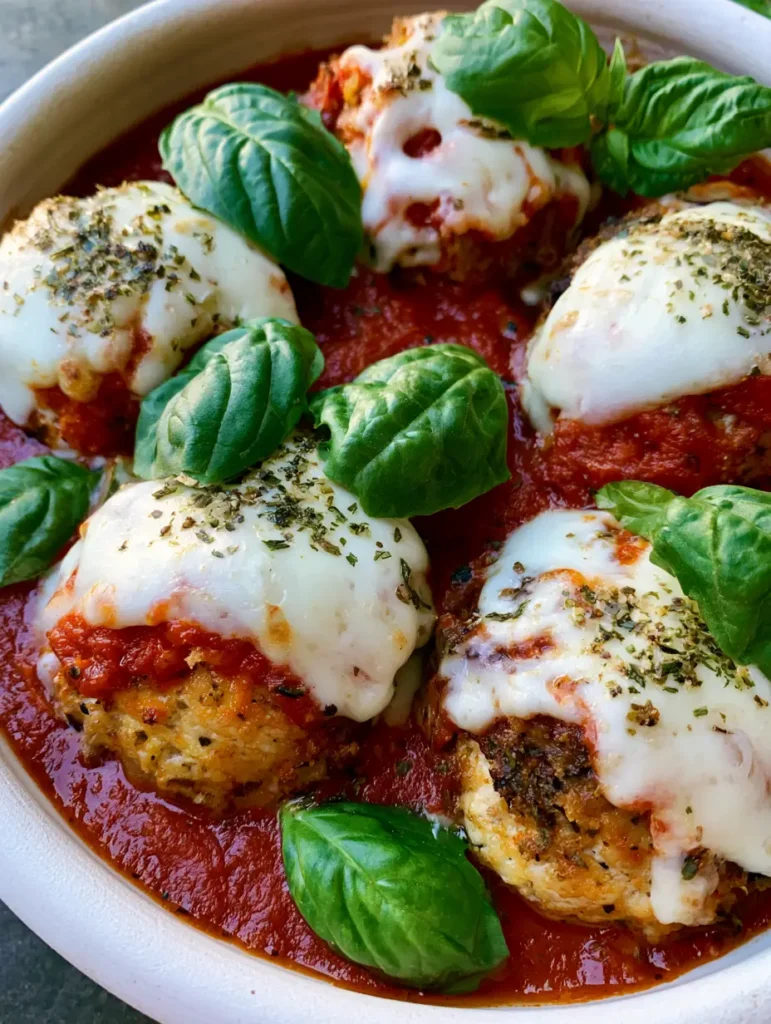 Baked Chicken Ricotta Meatballs with Melted Mozzarella and Fresh Basil 1 Overhead view of chicken meatballs in a thick marinara sauce, topped with mozzarella and dried herbs in a ceramic bowl.