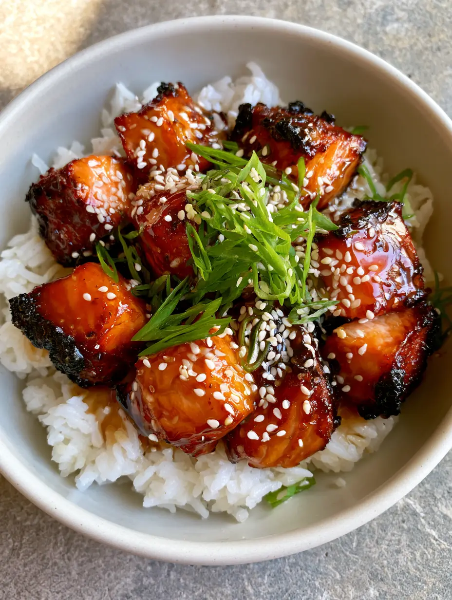 Top-down view of a white ceramic bowl filled with charred Honey Garlic Salmon Bites on a bed of jasmine rice.