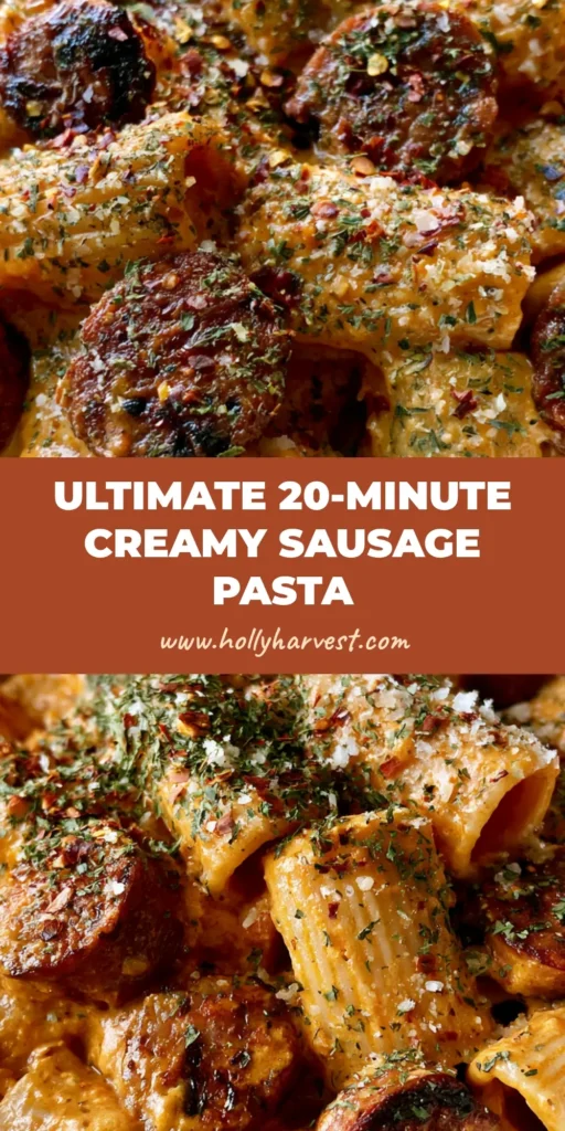 Creamy Sausage Pasta: The Ultimate Rigatoni with Smoked Sausage and Zesty Orange Sauce 4 A close-up vertical shot of Creamy Sausage Pasta in a white bowl, showing ridged rigatoni, thick orange sauce, and charred sausage slices.