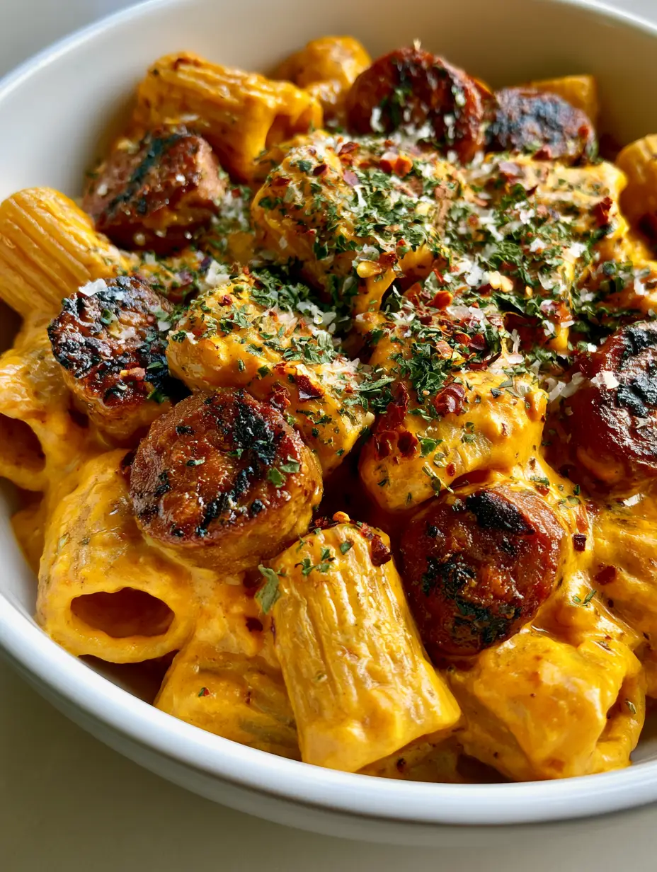 Creamy Sausage Pasta: The Ultimate Rigatoni with Smoked Sausage and Zesty Orange Sauce 3 A handheld smartphone photo of Creamy Sausage Pasta in a white ceramic bowl with glossy orange cream sauce and charred smoked sausage.