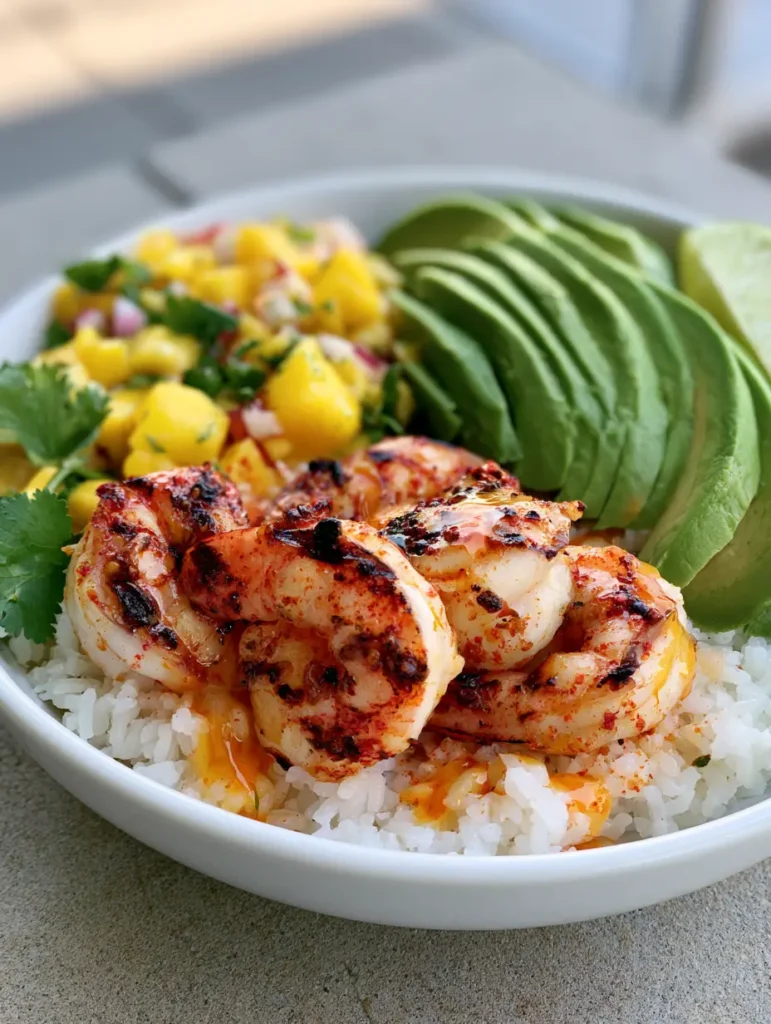 Shrimp and Avocado Bowls with Charred Chili Lime Glaze 1 Fanned out ripe avocado slices and diced mango salsa being drizzled with an orange lime-chili sauce. (Shrimp and Avocado Bowls)