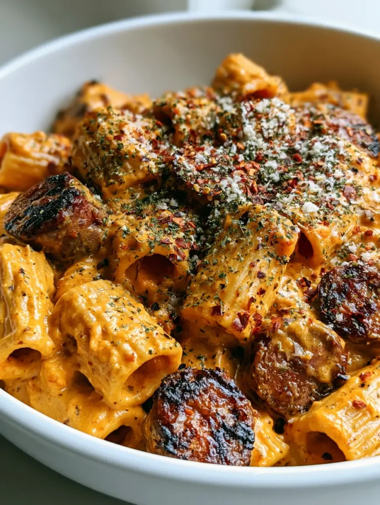 Creamy Sausage Pasta: The Ultimate Rigatoni with Smoked Sausage and Zesty Orange Sauce 1 Detailed view of ridged rigatoni pasta coated in a thick orange sauce with dried herbs and red pepper flakes.