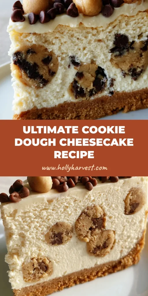 A tall slice of Chocolate Chip Cookie Dough Cheesecake on a white plate showing chunks of cookie dough and mini chocolate chips.