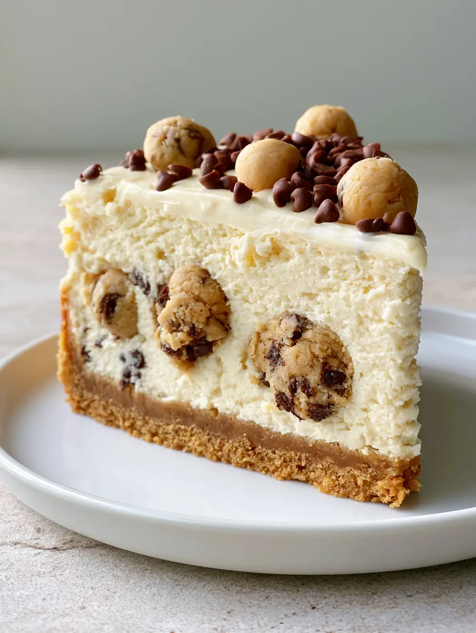 Cross-section side view of a Chocolate Chip Cookie Dough Cheesecake with a golden cookie crust and ivory filling.