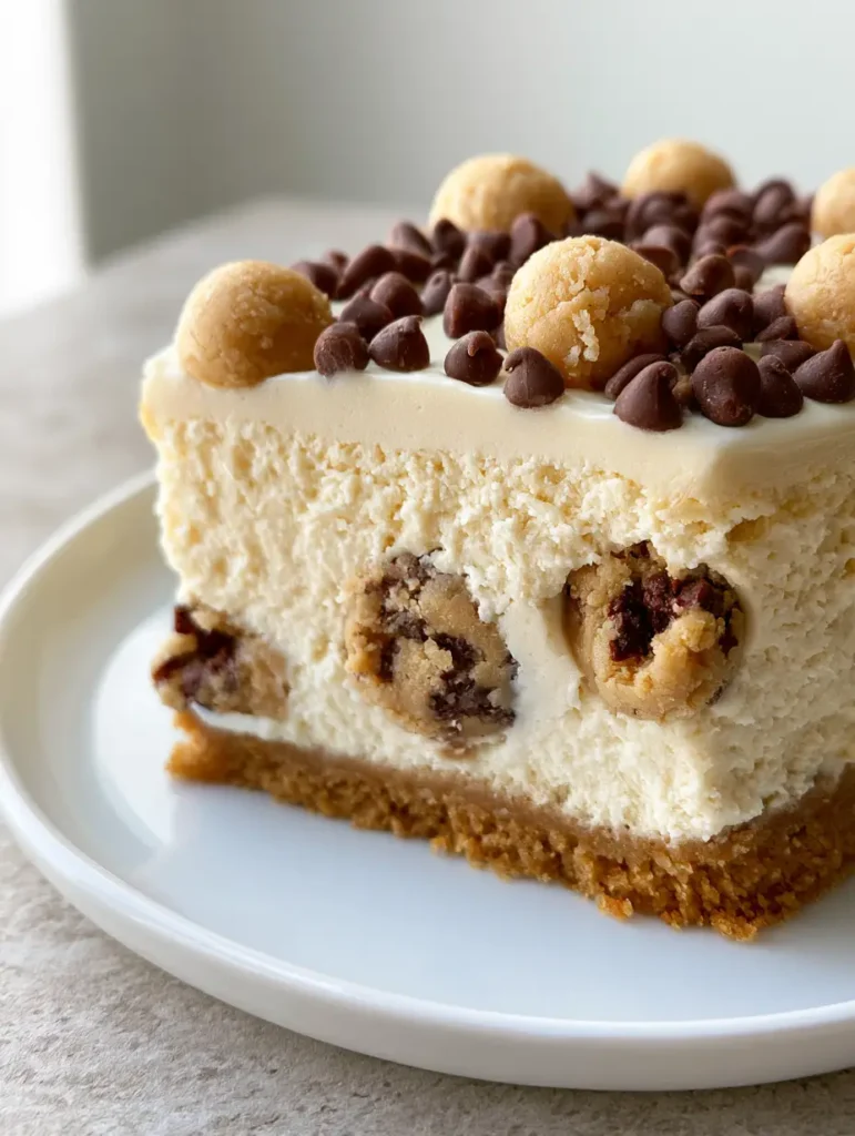Top view of Chocolate Chip Cookie Dough Cheesecake decorated with dough spheres and mini chocolate chips.