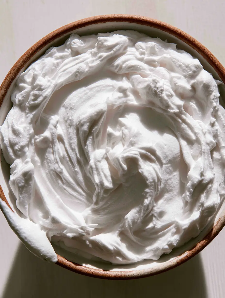 Coconut Milk Frosting: The Secret to Perfect, Stiff Vegan Whipped Peaks 3 Top-down view of velvety matte Coconut Milk Frosting with whisk swirls.