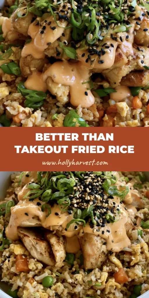 Bang Bang Chicken Fried Rice: The Ultimate Spicy and Creamy Stir-Fry 4 A top-down view of Bang Bang Chicken Fried Rice in a white bowl, drizzled with creamy orange sauce and garnished with sesame seeds and green onions.