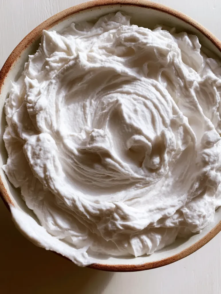 Coconut Milk Frosting: The Secret to Perfect, Stiff Vegan Whipped Peaks 1 Whipped snow-white coconut cream frosting showing thick, stiff peaks in a bowl.