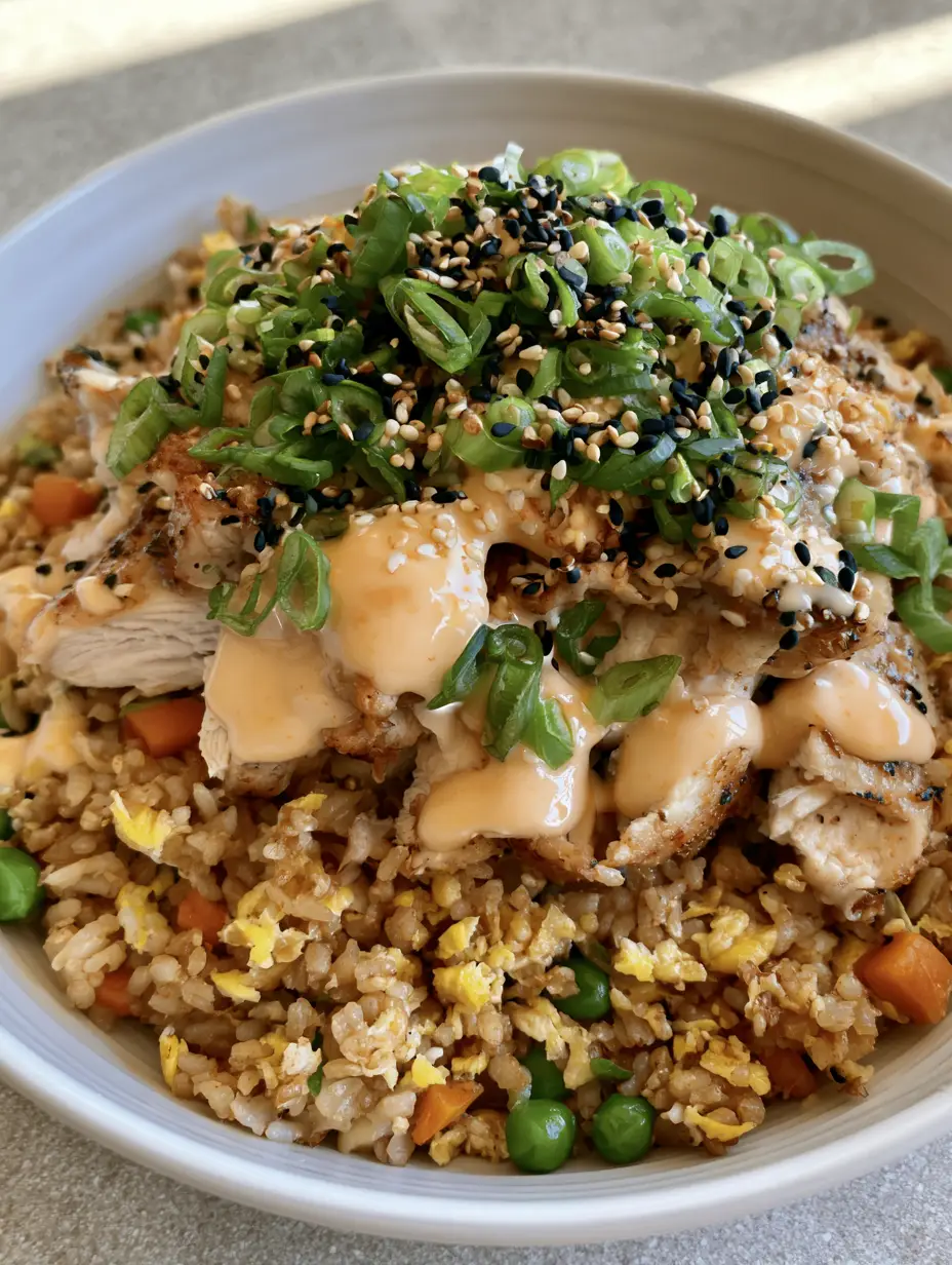 Bang Bang Chicken Fried Rice: The Ultimate Spicy and Creamy Stir-Fry 3 Close-up handheld photo of golden-brown fried rice topped with seared chicken and thick Bang Bang sauce. (Bang Bang Chicken Fried Rice)