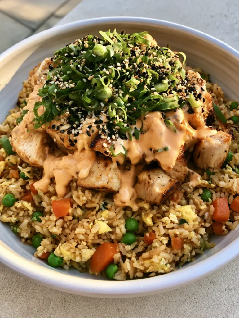 Bang Bang Chicken Fried Rice: The Ultimate Spicy and Creamy Stir-Fry 1 Authentic smartphone photo of a white ceramic bowl filled with Asian fried rice, green peas, carrots, and Bang Bang chicken.