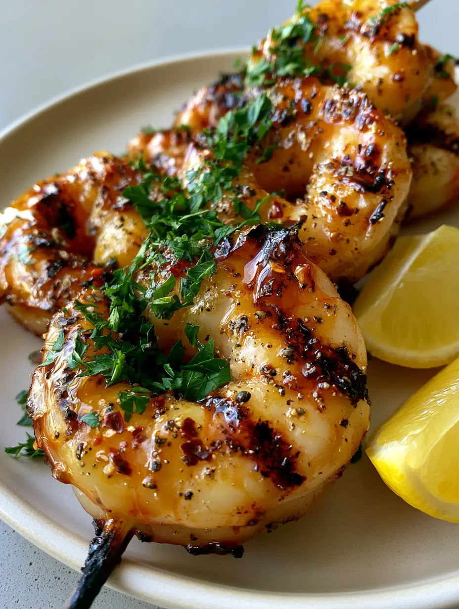Honey Glazed Grilled Shrimp: The Ultimate Sticky Summer Skewers 3 Close-up of grilled shrimp skewers with visible dark brown char marks and a thick honey glaze. (Honey Glazed Grilled Shrimp)