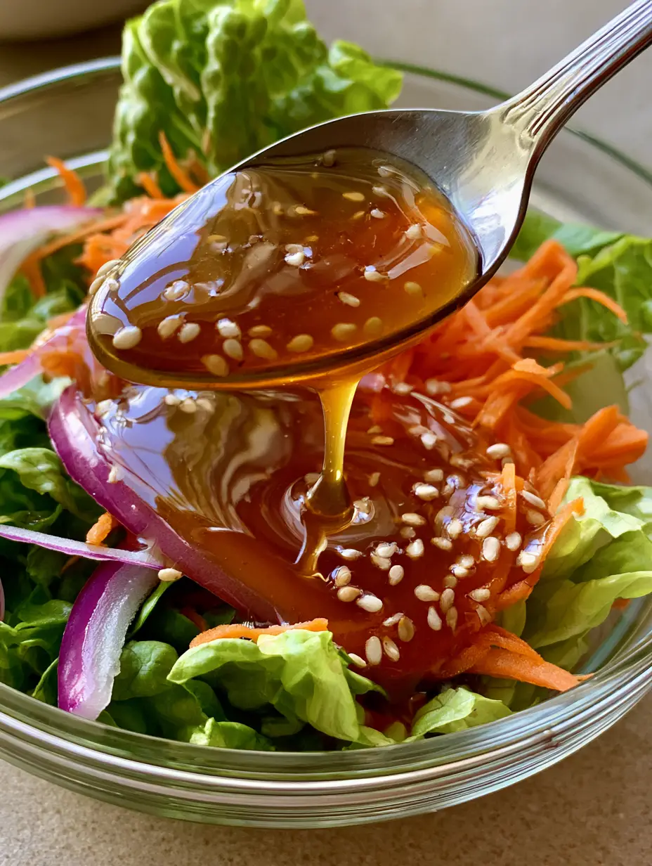 Asian Sesame Salad Dressing: The Ultimate Glossy and Emulsified Umami Vinaigrette 3 A close-up handheld photo of a silver teaspoon lifting a spoonful of glossy Asian Sesame Salad Dressing with toasted seeds.