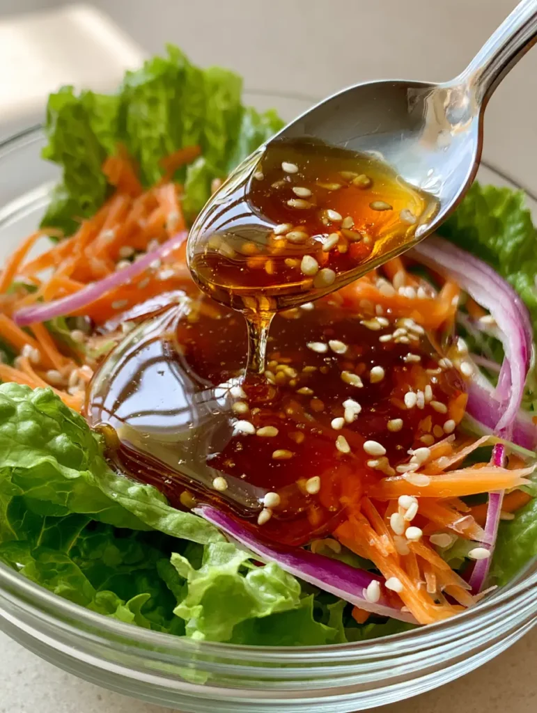 Asian Sesame Salad Dressing: The Ultimate Glossy and Emulsified Umami Vinaigrette 1 A glass bowl containing raw romaine, shredded carrots, and red onions topped with a rich amber-brown Asian Sesame Salad Dressing.